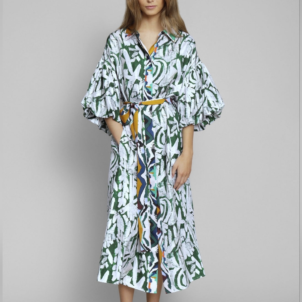 Printed puff sleeve flowy belted silk dress